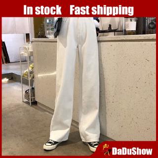 Image of Korean-Style Loose High-Waist Pants White Wide-Leg Jeans