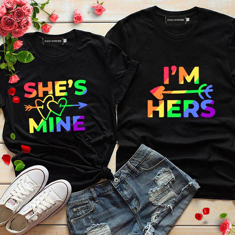 Image of New Lesbian Couple T-shirt  Rainbow Pride Tops I'M HERS SHE IS MINE Letter Print Female Short Sleeve Tees #3