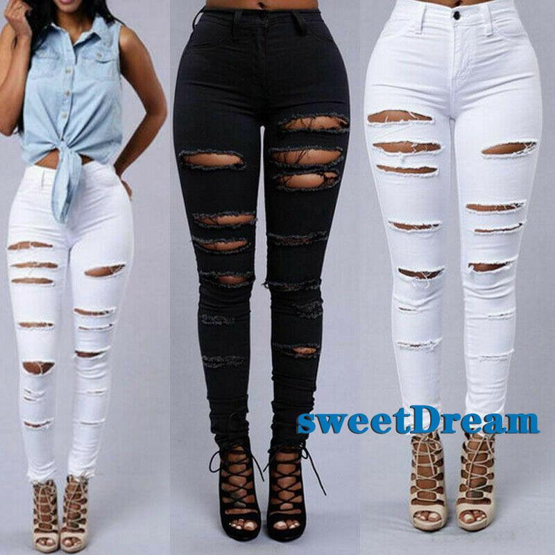 Womens Ladies Ripped Skinny Denim Jeans Cut High Waisted Jegging Trousers Pants Shopee Singapore