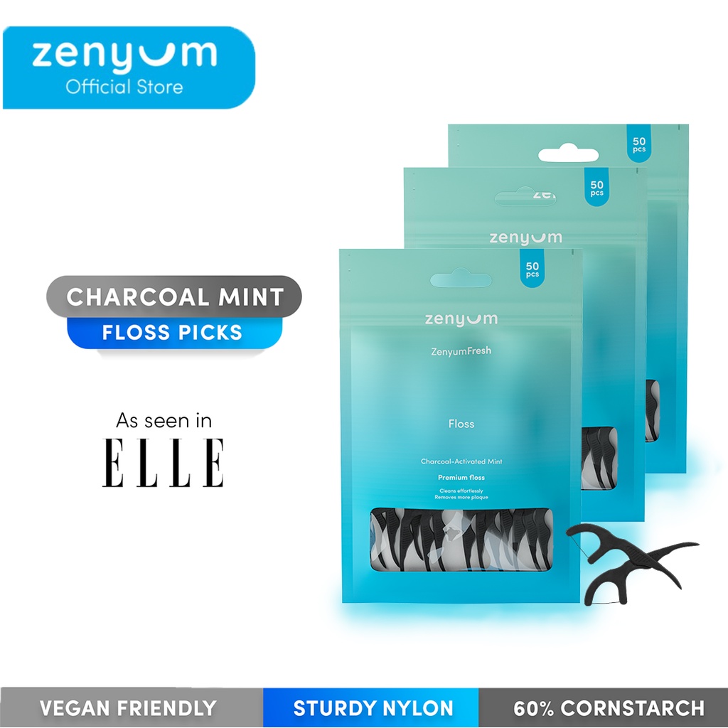 Bundle of 3 Zenyum Fresh Floss Picks 50pcs (Charcoal Mint/Nylon