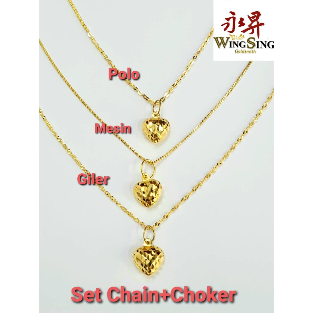 Wing Sing 916 Gold Solid Chain Choker Pendant Jewellery Gift Set Set Rantai Leher Padu Dan Choker Love Emas 916 Shopee Singapore