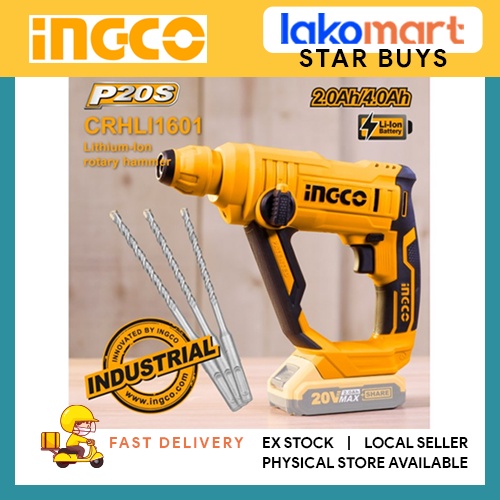 INGCO Cordless Rotary Hammer Drill 20V [CRHLI1601] Battery and