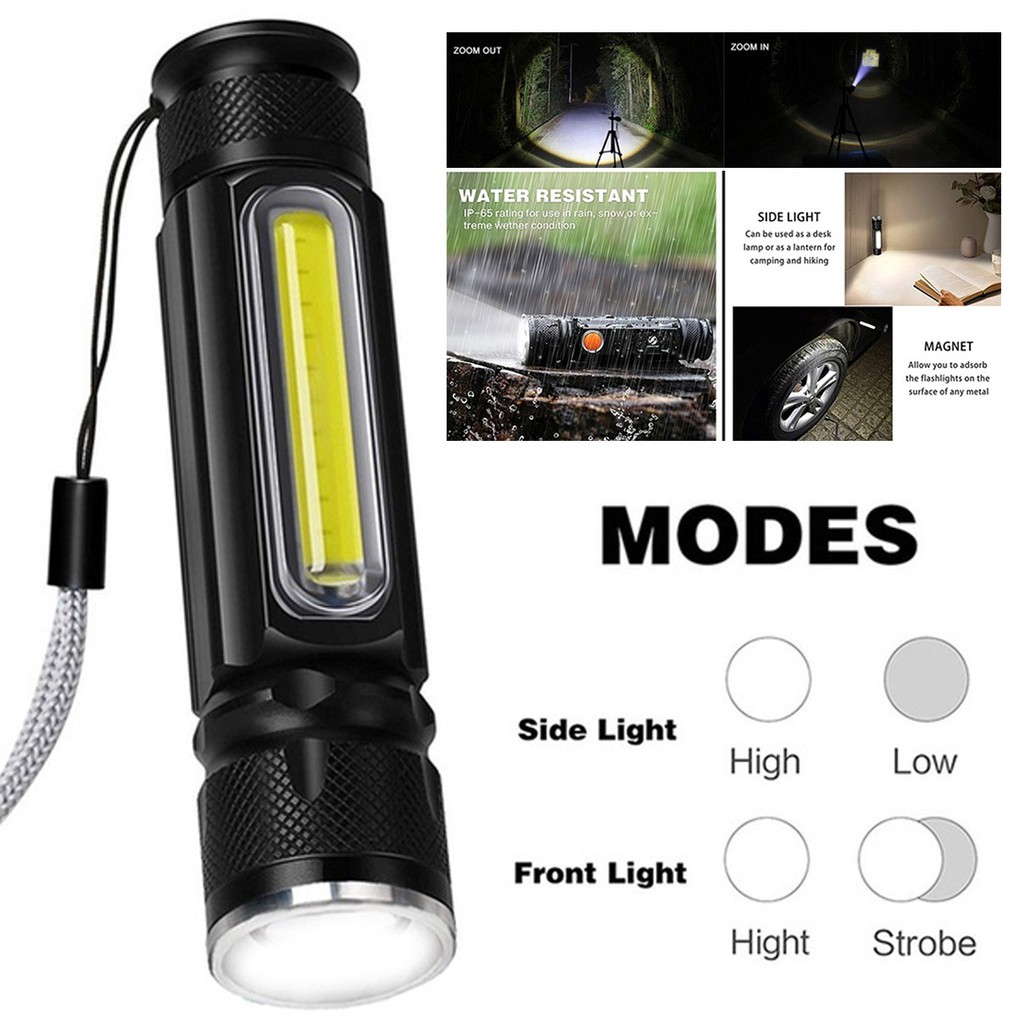 Zoomable T6 COB LED Flashlight Torch Light USB Rechargeable Magnet Lamp 4 Modes 