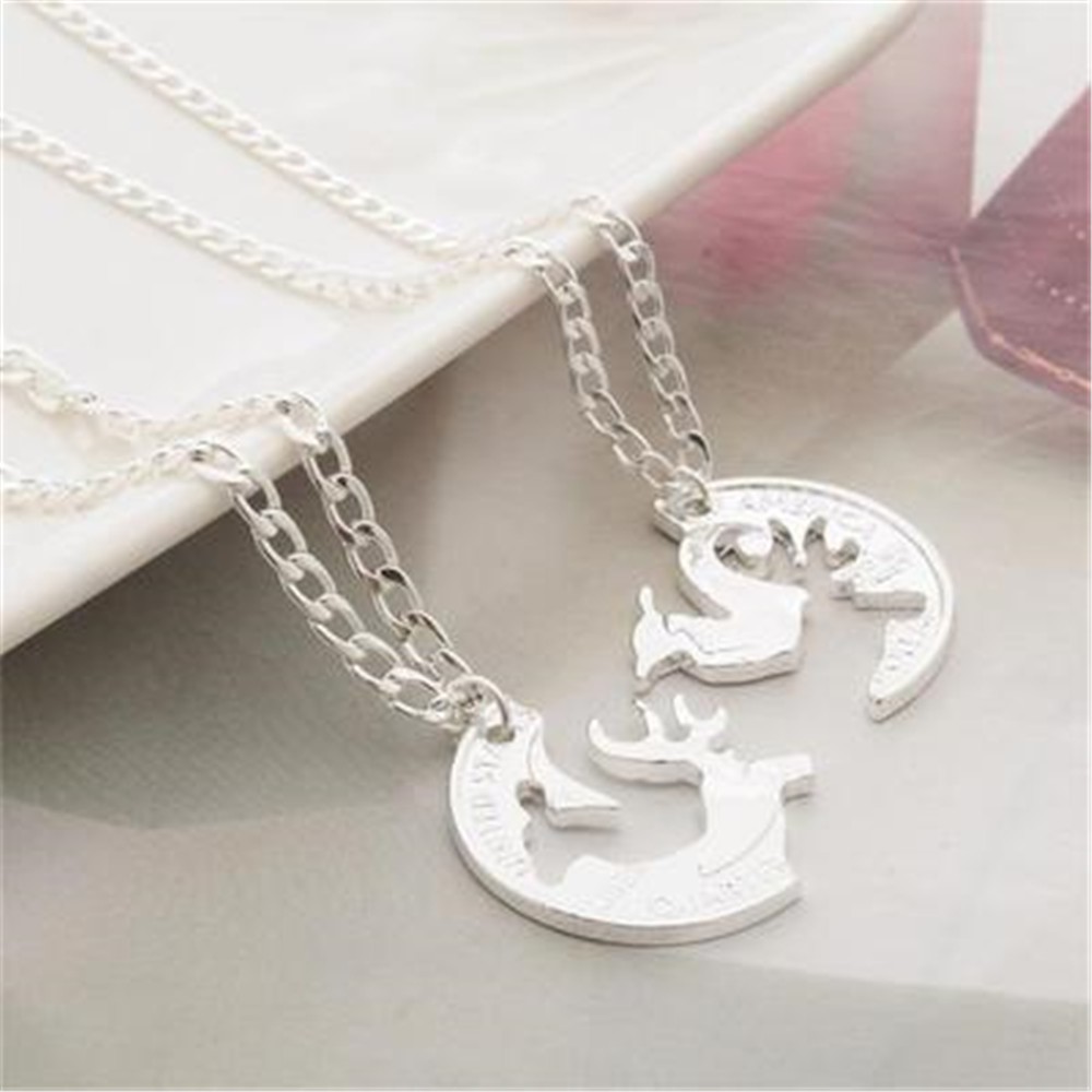 Jewelry Chain Christmas Gift Deer&Coin Shaped 2PCS Couple Necklace Elk Pendant