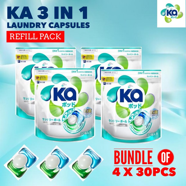 KA 3 in 1 Laundry Detergent Capsules (4 Refill Packs x 30 Capsules