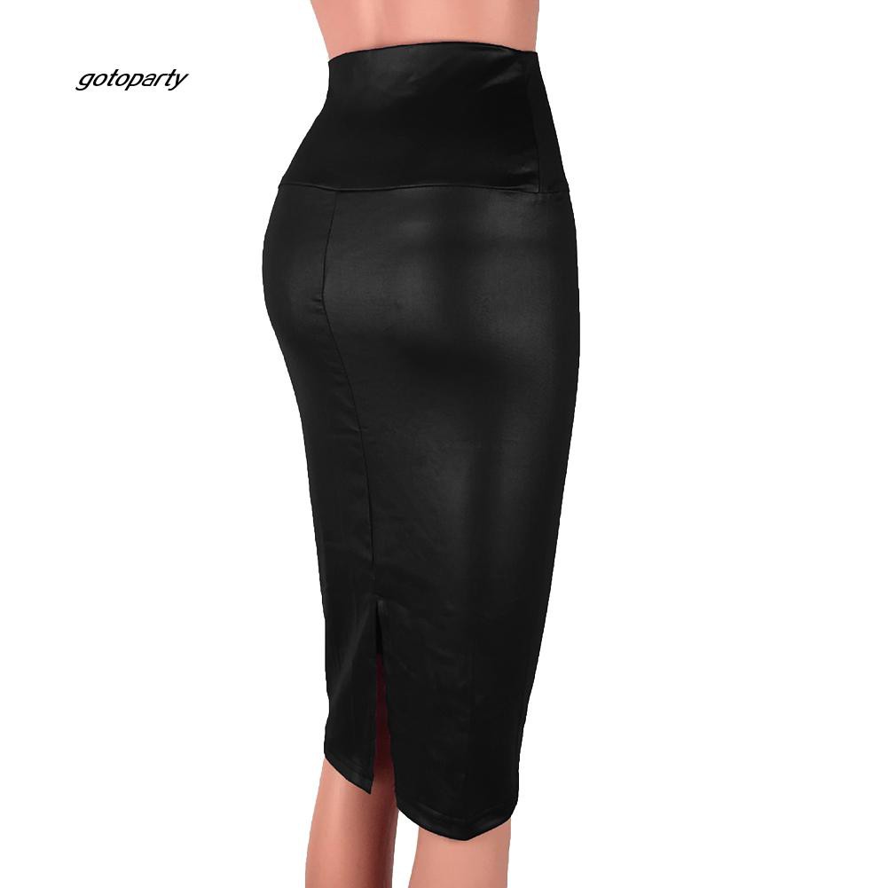 GOTO Fashion Women High Waist Split Faux Leather Knee Length Bodycon Pencil  Skirt | Shopee Singapore