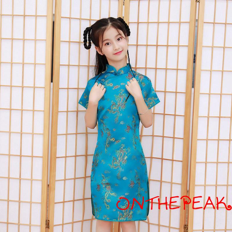 Ont Kids Cheongsam Girls Floral Embroidery Stand Collar Short Sleeve Dress One Piece For Summer Fall Shopee Singapore