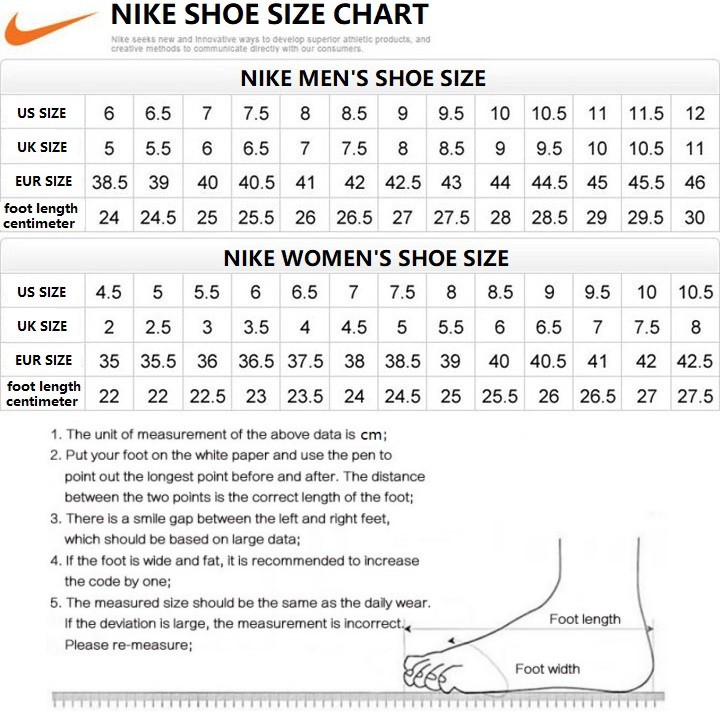 nike running shoes size chart