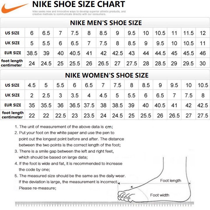 nike air force shoe size chart