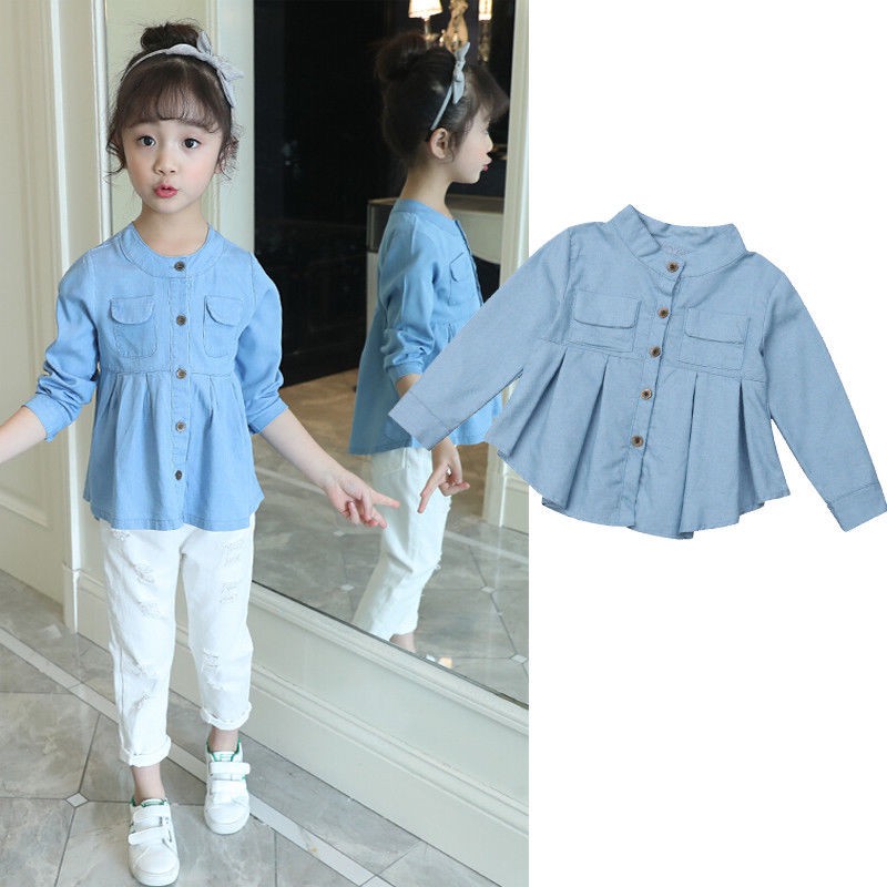 Llg New Kids Baby Girls Long Sleeve Blouse Denim Ruched T Shirt Tops Shirts Shopee Singapore