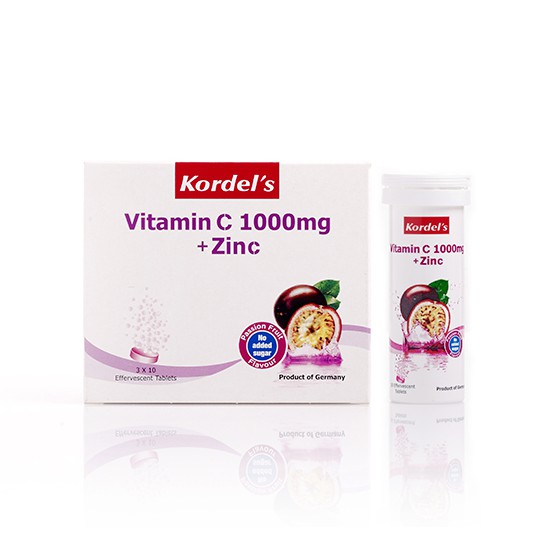 KORDEL’S VITAMIN C 1000MG + ZINC EFF 10 TABLETS X 3 TUBE PASSION FRUIT FLAVOR