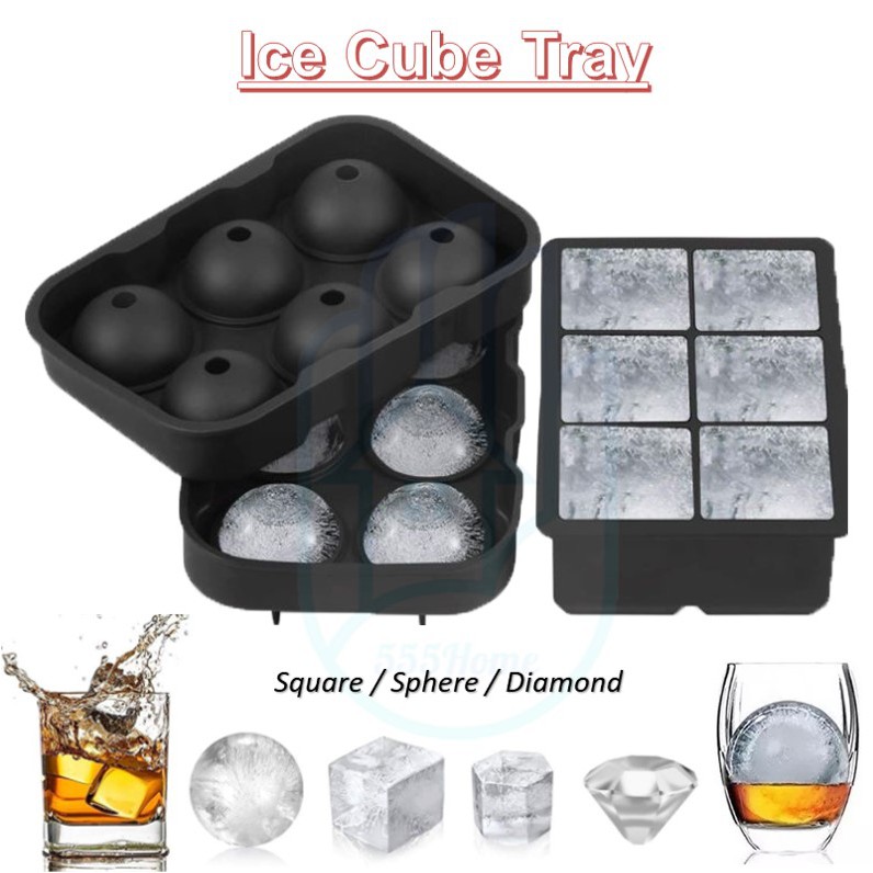 Large Whiskey Ice Cube Trays and Sphere Ice Ball Maker With Lid Silicone Square Ice Cube Mold and Ice Ball Mold For Whiskey Reusable & Flexible Design Transparent+grey BPA Free 