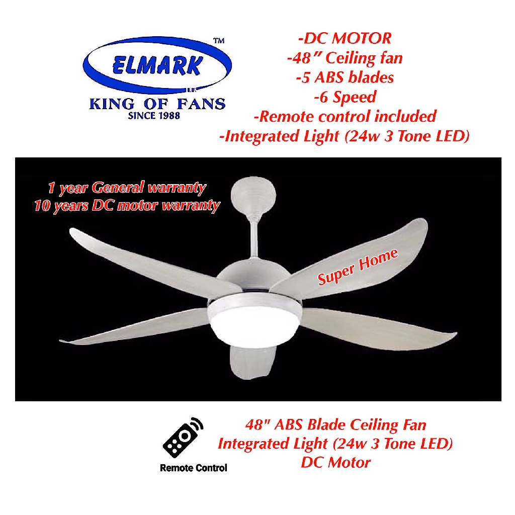 Elmark Rapid 48 Inch Remote Control Dc Motor 5 Blade Ceiling Fan With 24w Led Li