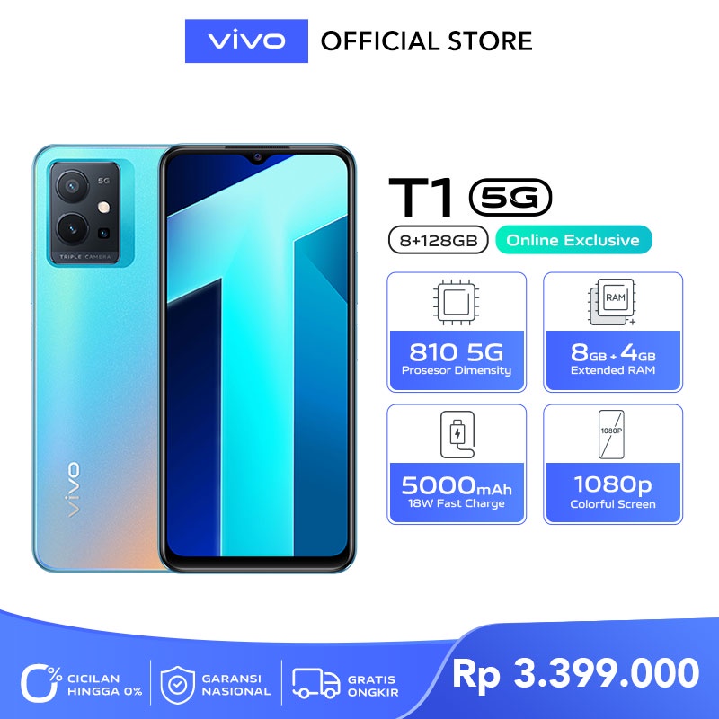 [ONLINE EXCLUSIVE] Vivo T1 5G (8/128) -dimensity 810 5G, 8GB 4GB extended Ram, 5000mAh 18W FastCharge, liquid cooling