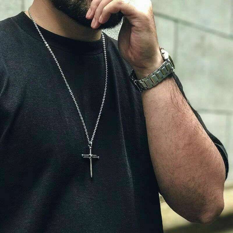 Image of Vintage Stainless Steel Necklace Men Nail Cross Pendant-Chain Necklace Mens Jewellery Christian Church Baptism Gift #2