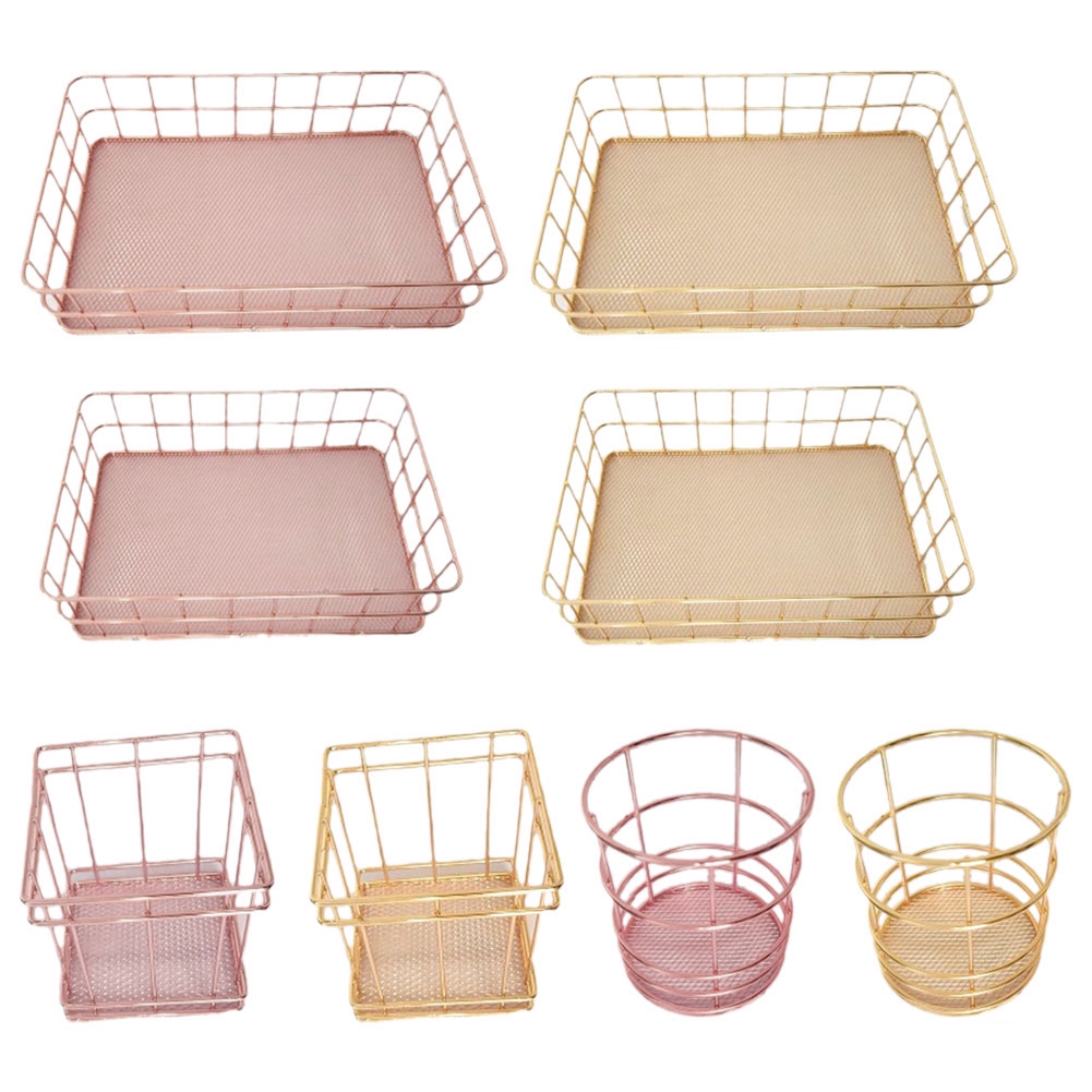 Rose Gold Wire Mesh Storage Basket Modern Metal Copper Kitchen Bedroom Bathroom