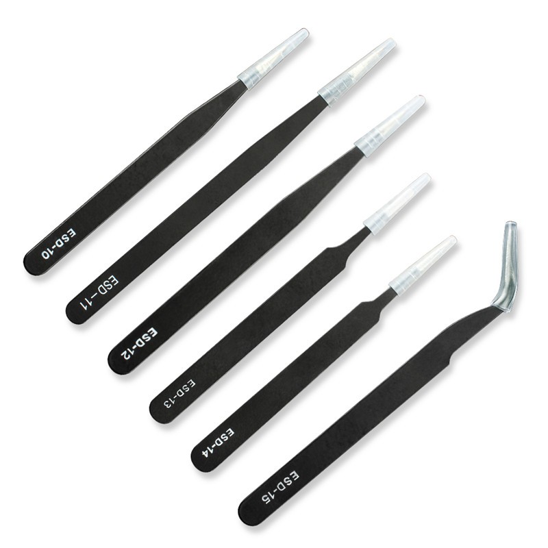 6PCS Precision ESD Tweezers Set Professional Safe Anti-static Stainless ...