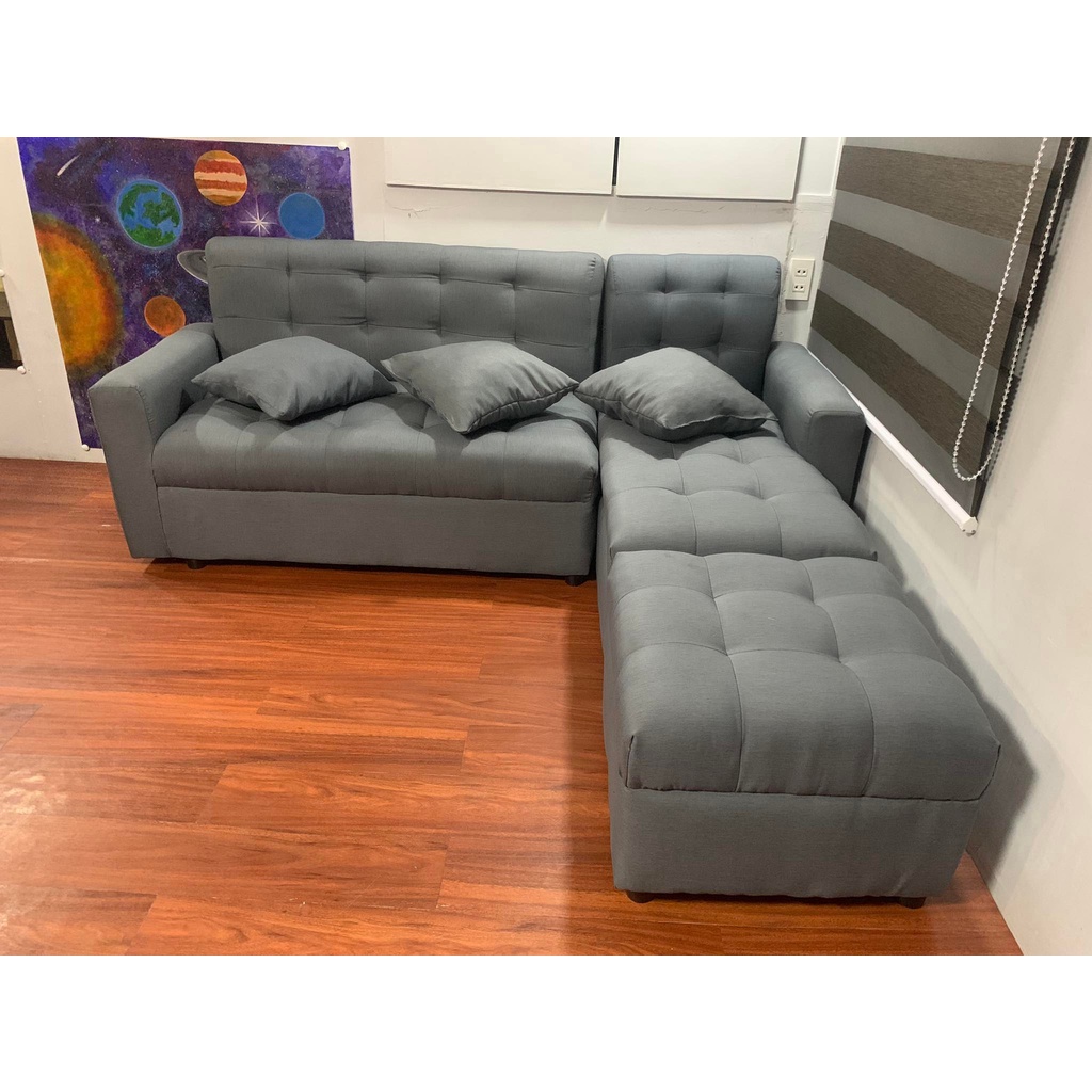 LSHAPE SOFA SET GRAY FABRIC DIMPLE WITH 3 PCS PILLOW