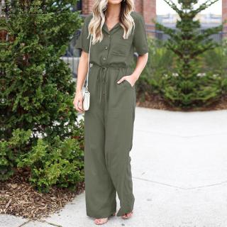 Image of ZANZEA Women Casual Collared Button Down Front Side Pockets Jumpsuits