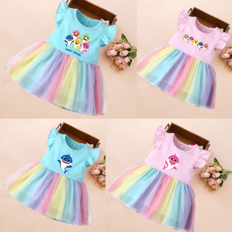 1-6Y Little Girls Cotton Short Sleeve Dress with Cute Rainbow Cartoon Lapel Kids Casual Skirt 
