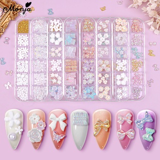 Monja Nail Art Decorations for Manicure Design 3D Bowknot Bear Camellia Flowers Aurora Color Glitter Ornaments Crystal Jewelry Salon Home DIY Accessories