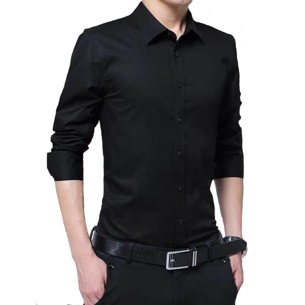 [S5XL] Men Shirt Long Sleeve Black Formal Shirts Plus Size Korean Slim Fit Plain Top Clothing