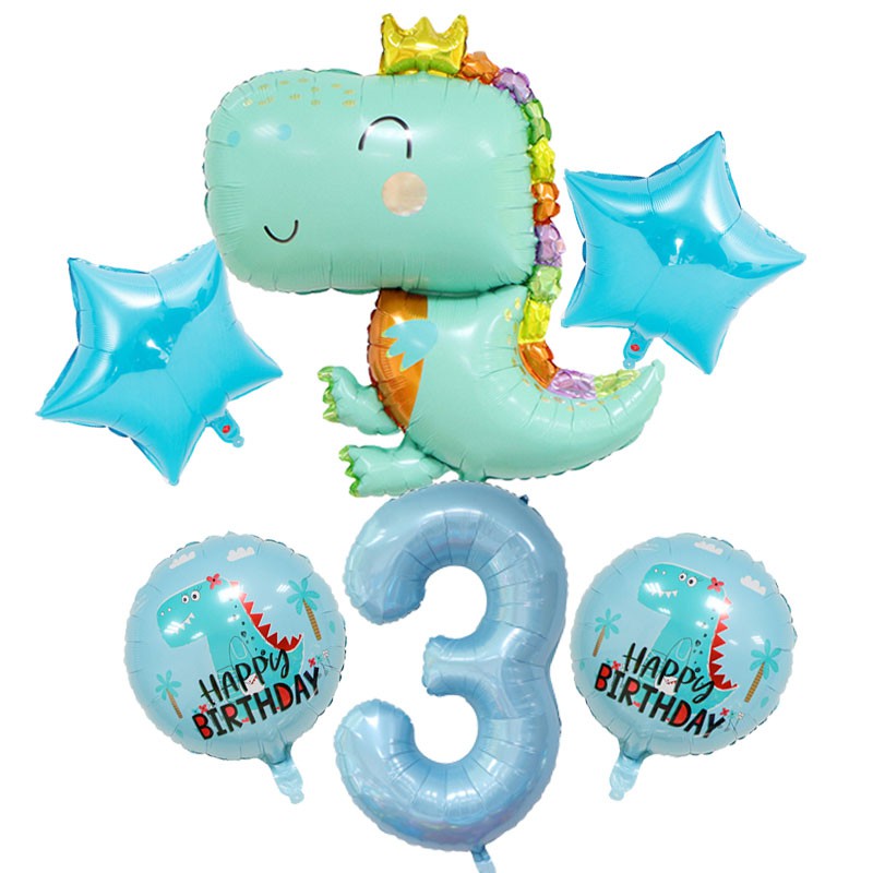 6pcs/set Sky Blue Crown Dinosaur Foil Balloons 100cm Number Helium Balloon Children Boy Dinosaur Theme Globos Birthday Party Decoration Kids