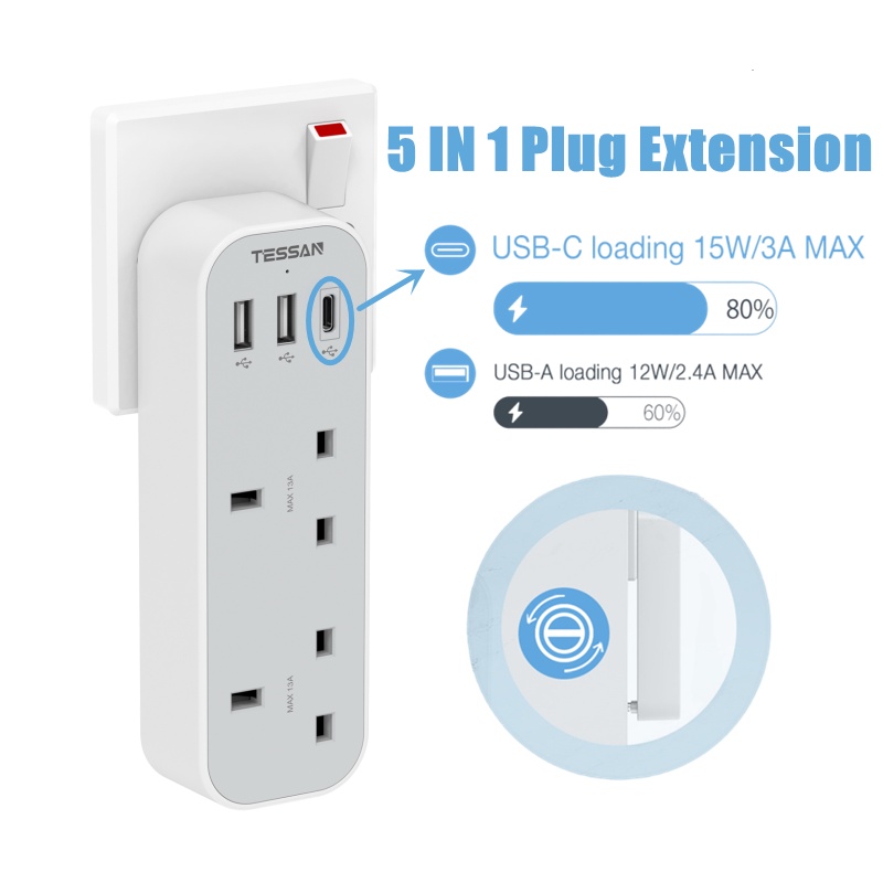 TESSAN Plug Adapter with 3 USB, Double Plug Adaptor Multi Plug Extension, 2 Way Double Plug with