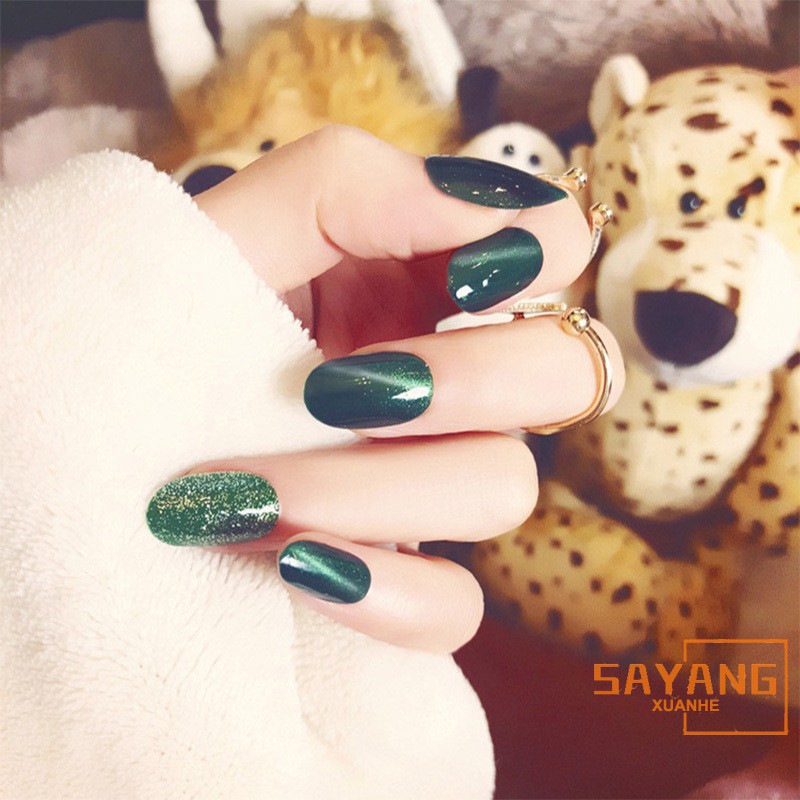 Sayang 24pcs Set Manicure Product Glitter False Nails Ins Popular Green Pretty Cat Eye Nail Art Tips With Glue Shopee Singapore