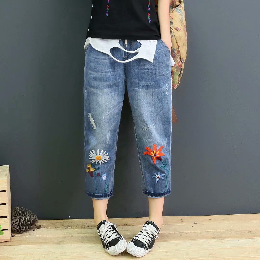 Plus Size Women's Loose Jeans Female Pants Elastic Waist Denim 7/10 ...