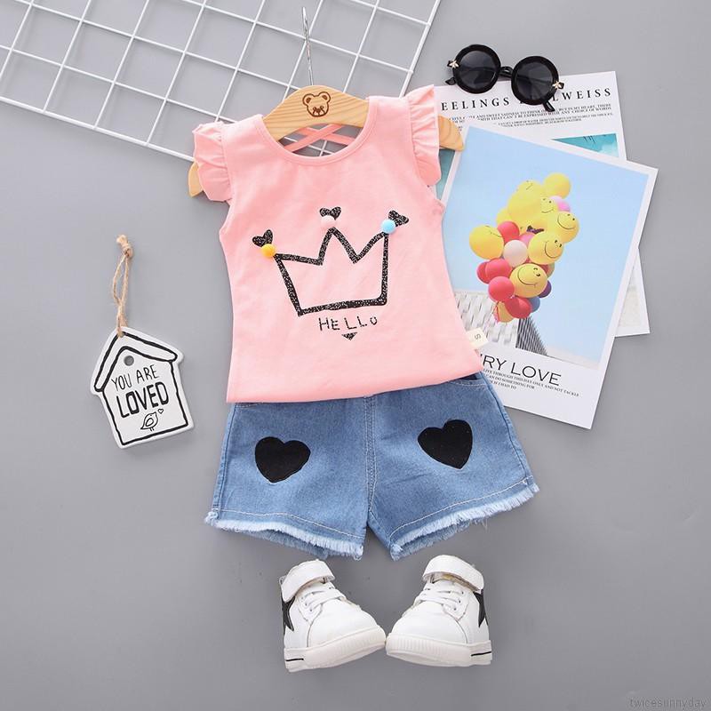 Sunny ღ 2 Pcs Baby Girl Cotton Cartoon T Shirts Printing Shorts Shopee Singapore