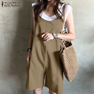 Image of ZANZEA Women Casual Preppy Style Solid Sleeveless Loose Short Jumpsuits