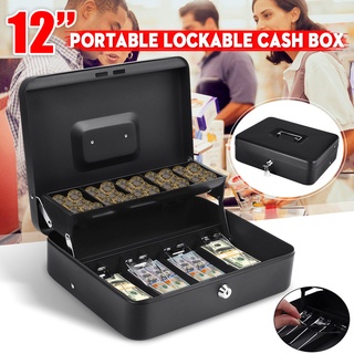 Portable Security Lockable Cash Box Tiered Tray Money Drawer Safe Storage Black