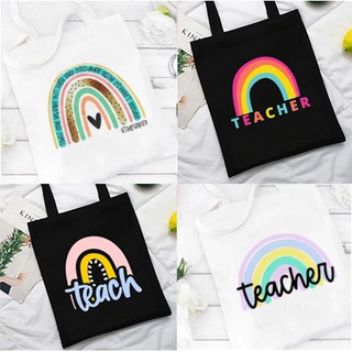 Image of Teacher Rainbow Leopard Print Canvas Shopping Bag Gift for Teachers Fashion Women Shoulder Bag