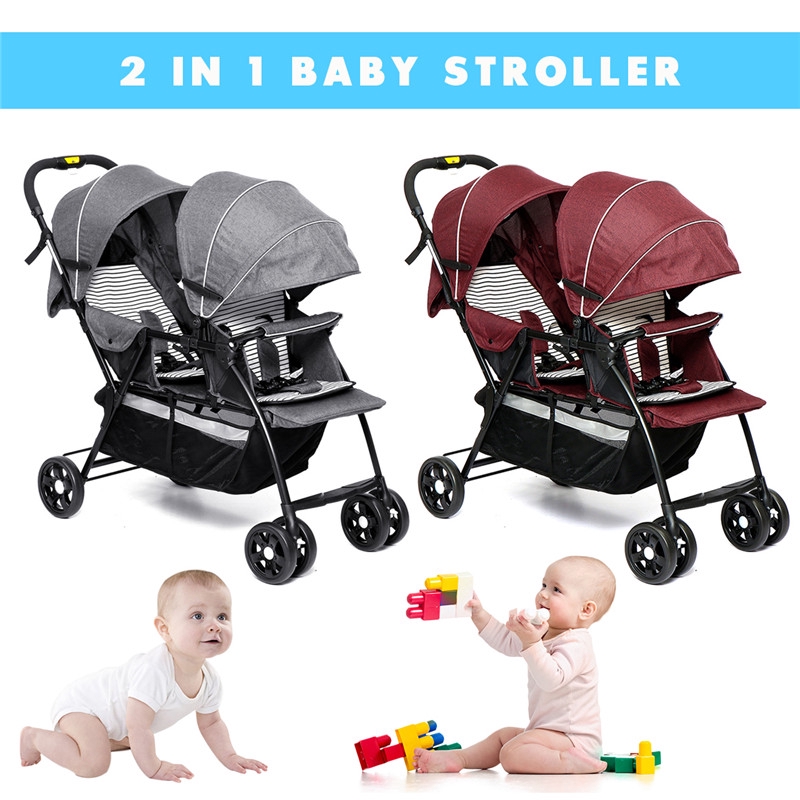 foldable double baby stroller lightweight front & back seats pushchair