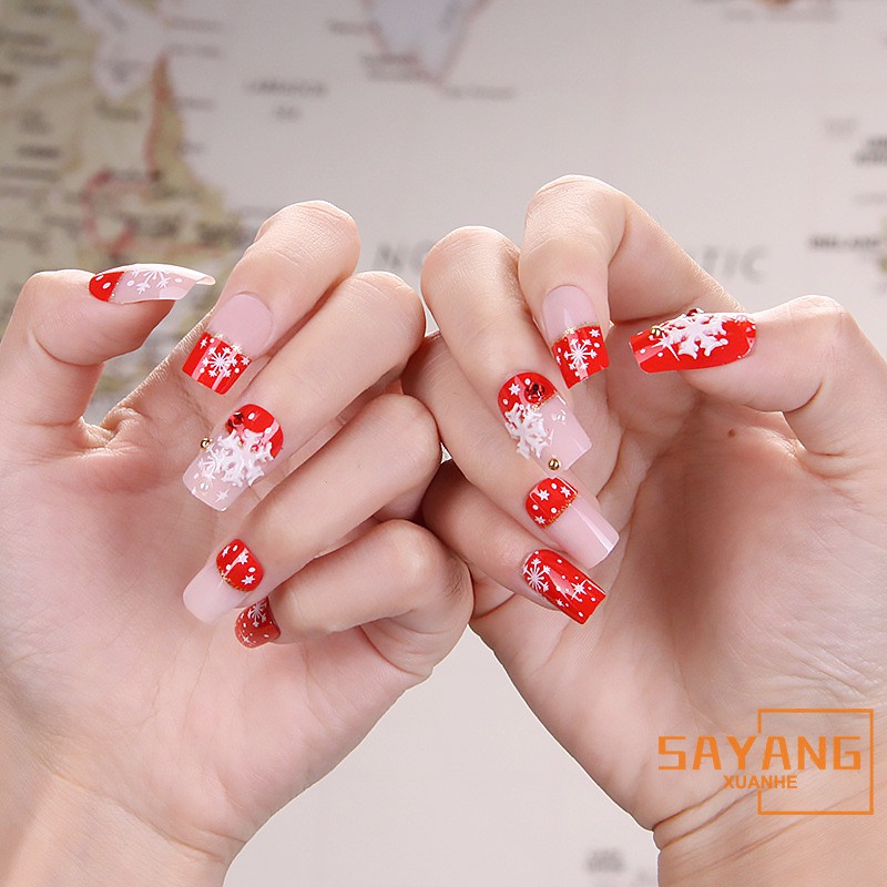 24pc Christmas False Nails Red Pink Style Xmas Snowflake Full Cover Fake Nail Art Tips Shopee Singapore