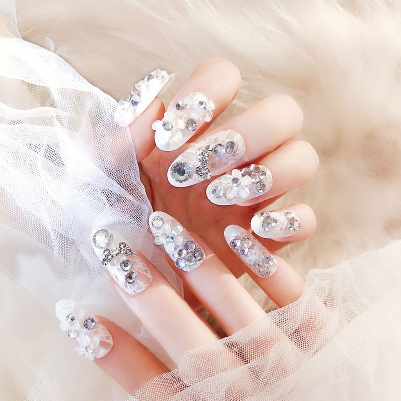 Xi 24pcs Bride White False Nails Carving Flowers Pearl Nail Art Manicure Long Design Shopee Singapore