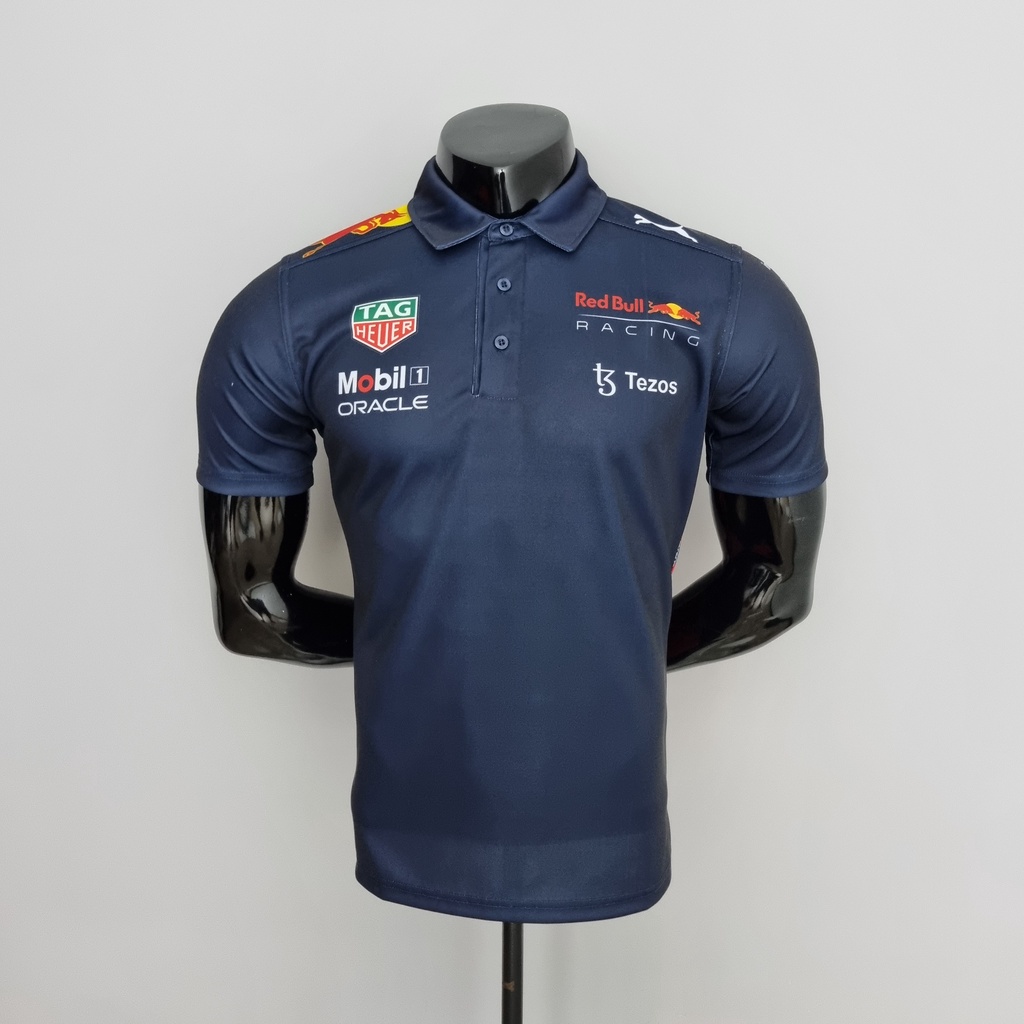 Image of Red Bull Racing 2022 Team Polo Shirt Uniforms Men's Modern Fit Short Sleeve Collar Golf Polo Shirt Script Logo #0