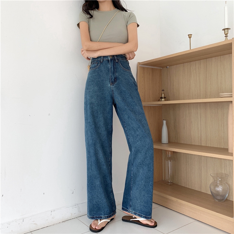 Korean autumn women high waist wide leg jeans | Shopee Singapore