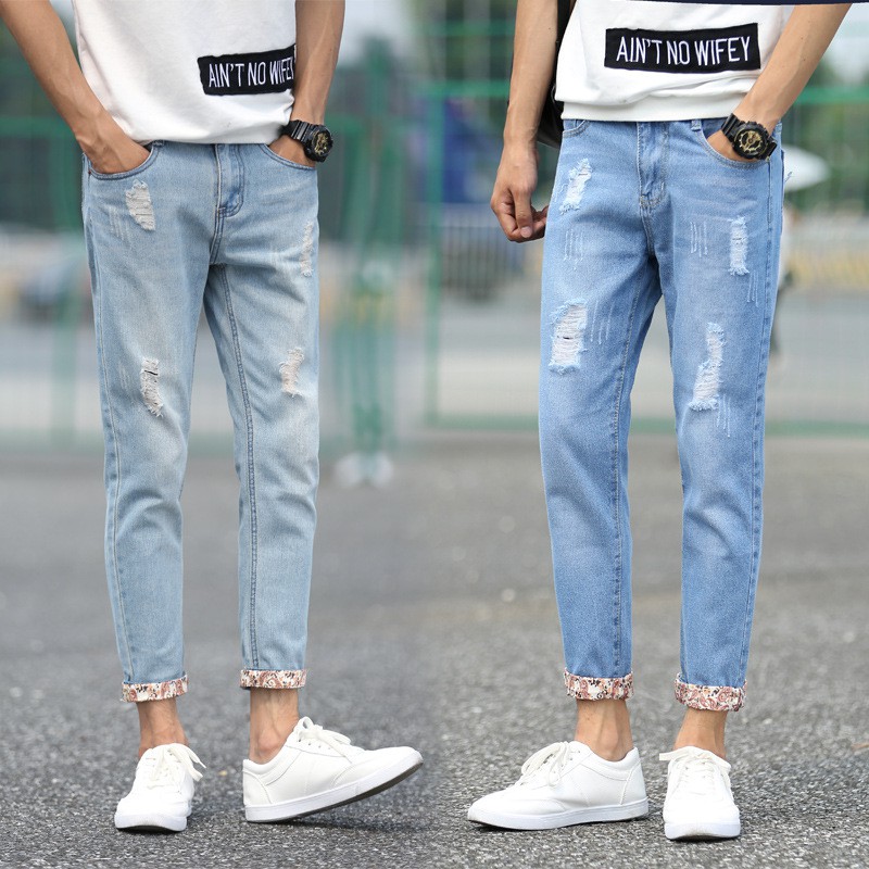 Mens Ankle Length Denim Slim Thin Straight Low Waist Zipper Worn Hole Jeans Shopee Singapore