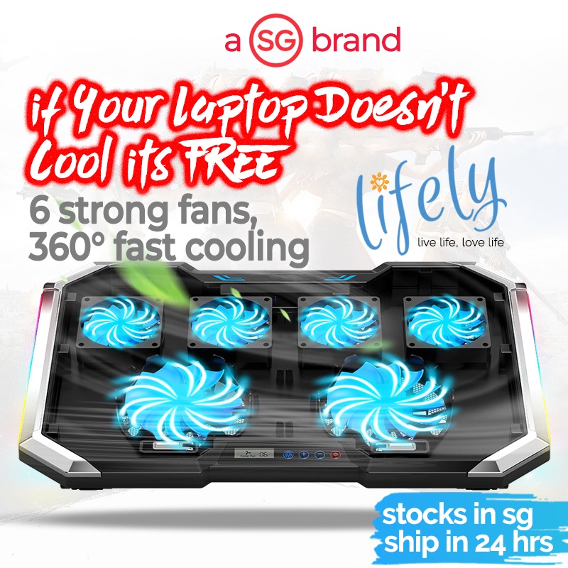 SHIP FROM SG Lifely Laptop Cooler with Cool Lights, 6 Fans Laptop