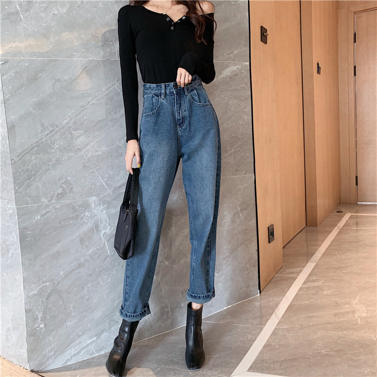 Women High Wais Plus Size Denim Harem Pants Casual Female Mom Jeans Korean Fashion Office Blue Slim Fit Elegant Jeans Shopee Singapore