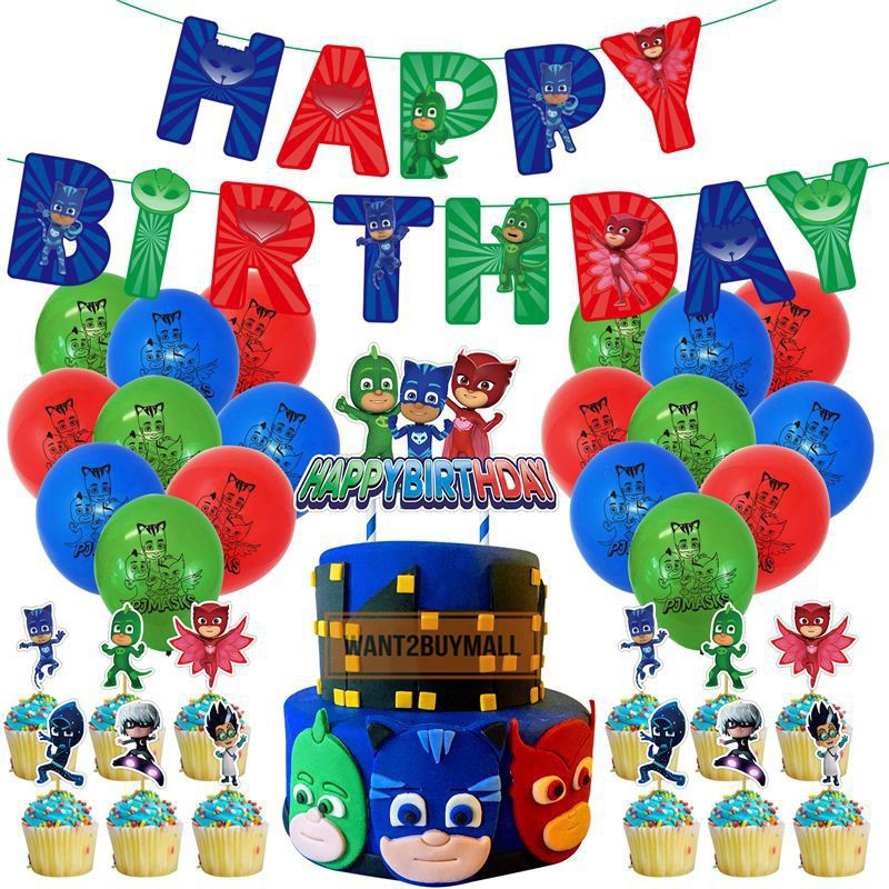 46pcs Set Masked Pajamas Hero Pj Masks Cartoon Balloon Happy Birthday Banner Bunting Flag Kid Party Decoration Hari Jadi Shopee Singapore