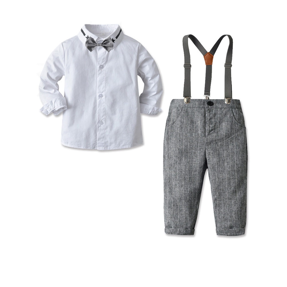 Boys Suspender Outfits Toddler 4PCS Clothing Set Kids Gentleman Long Sleeve Bowties Dress Shirt + Suspenders + Denim Pants 