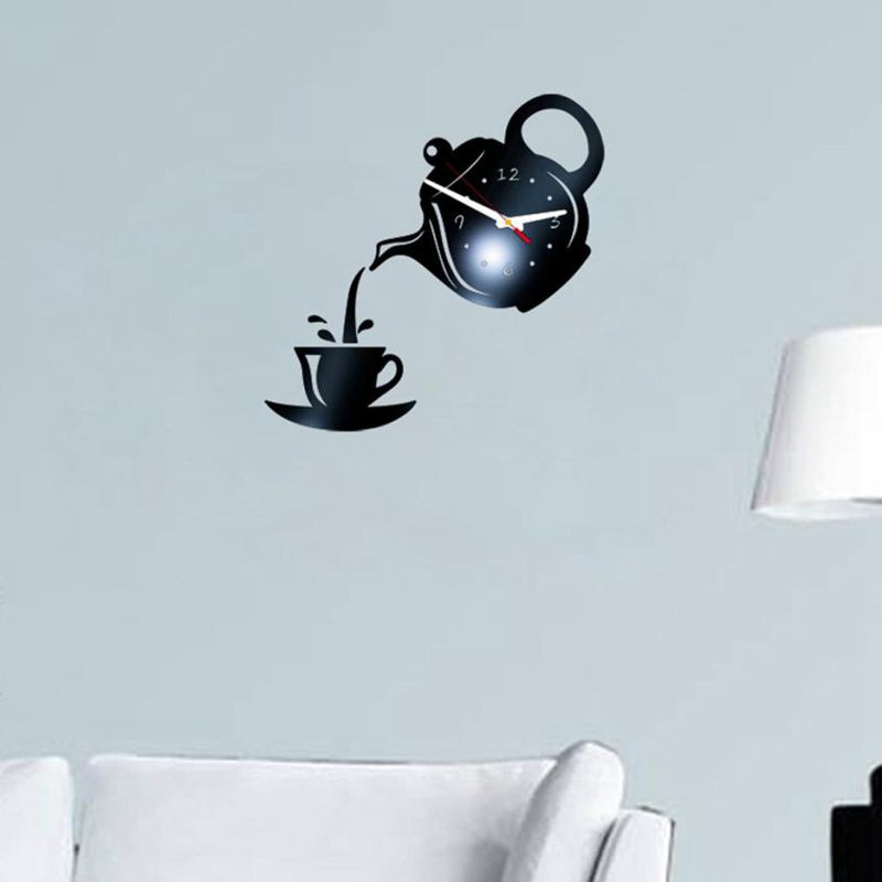 Wall Clock Mirror Effect Coffee Cup Shape Decorative Kitchen Wall