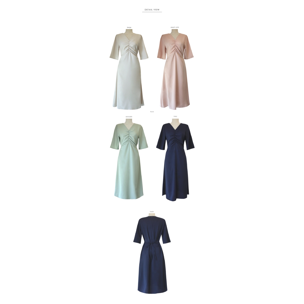 Image of 2022 Elegant Women Dresses High Waist V Neck Vintage Short Sleeve Solid Midi Dress #7