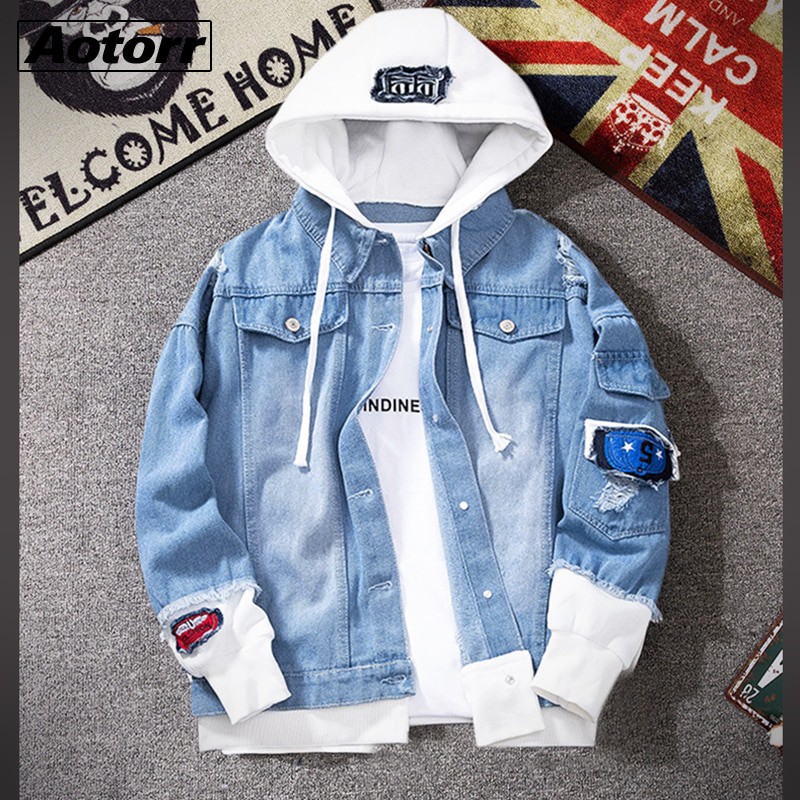 New Mens Denim Jacket Hooded Trendy Fashion Hip Hop Streetwear Ripped Denim Jacket Men Jeans Jacket Cowboy Coats Man Clo Shopee Singapore