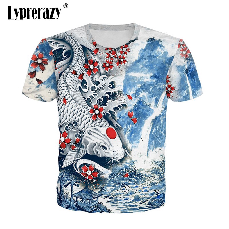 Men Hip Hop Tshirt Streetwear Retro Chinese Character Fish Print White ...