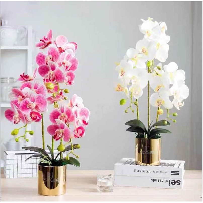 Artificial Orchids Flowers in Gold Pot Fake Orchid Plants, Home Office ...