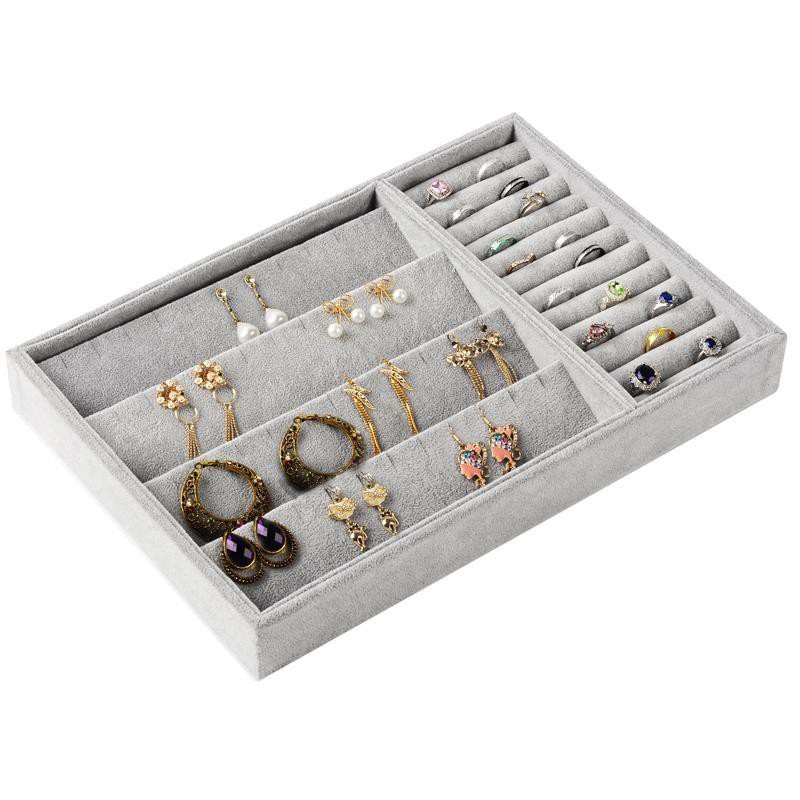 Bunahome Multi-Function Slot Velvet Glass Jewelry Box Organizer Case Tray Holder Earrings Storage Box Multi-Function 